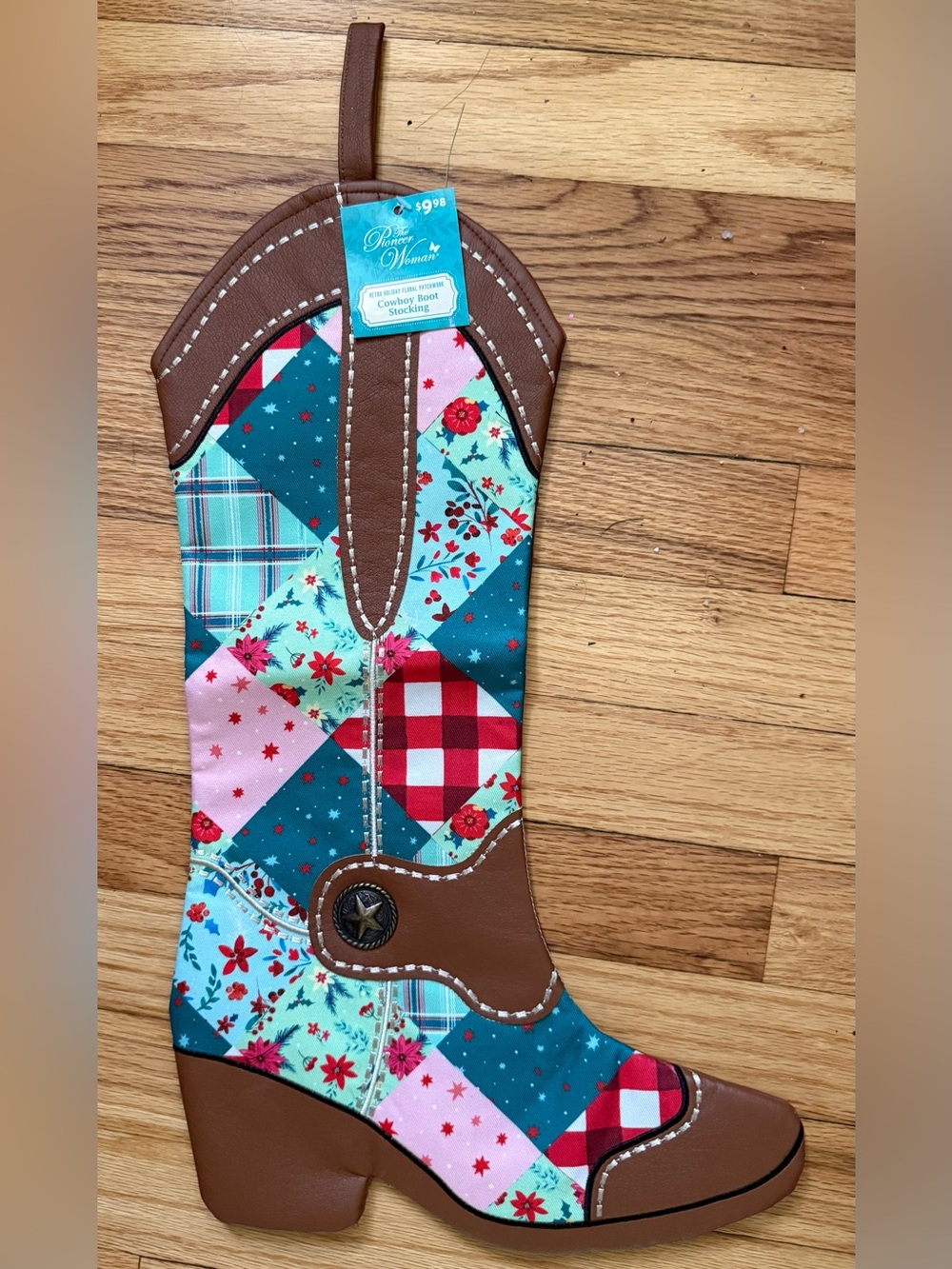 New retro Holiday floral Patchwork , cowboy boot stocking 20"